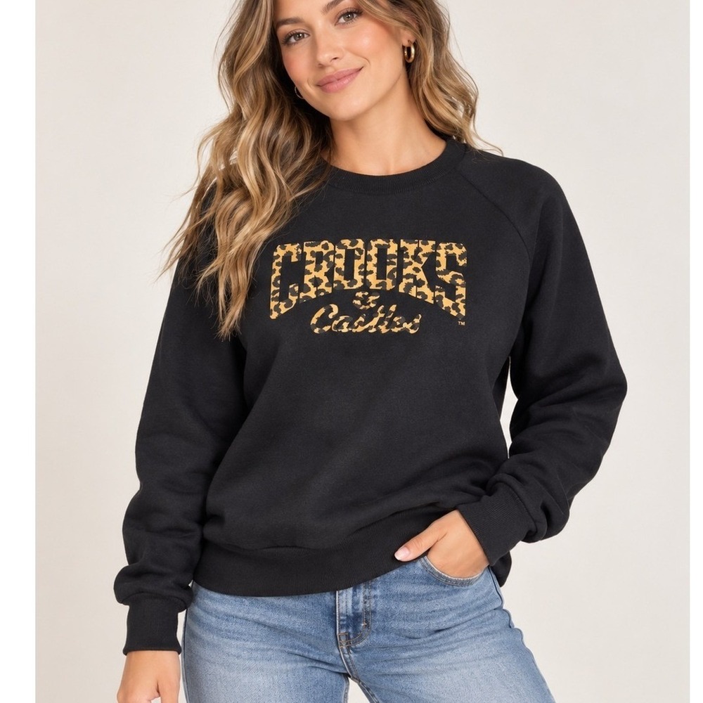 Crooks & Castles Mens Small Black Leopard Print Logo Raglan Crewneck Sweatshirt